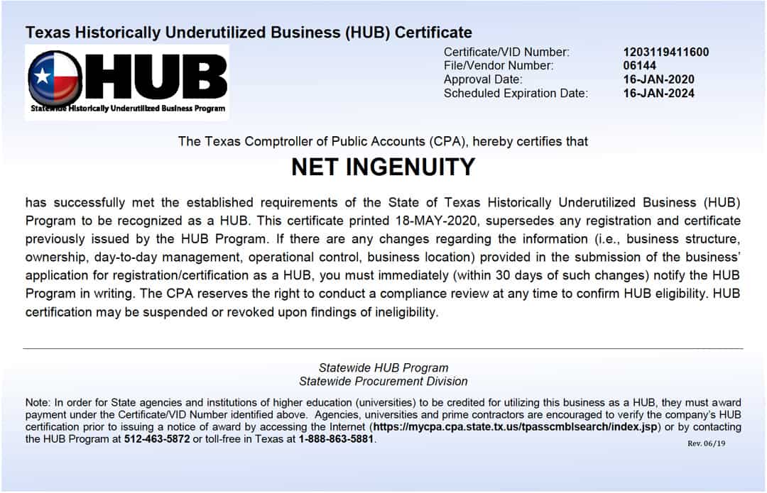 Texas Historically Underutilized Business (HUB) Certificate for Net Ingenuity